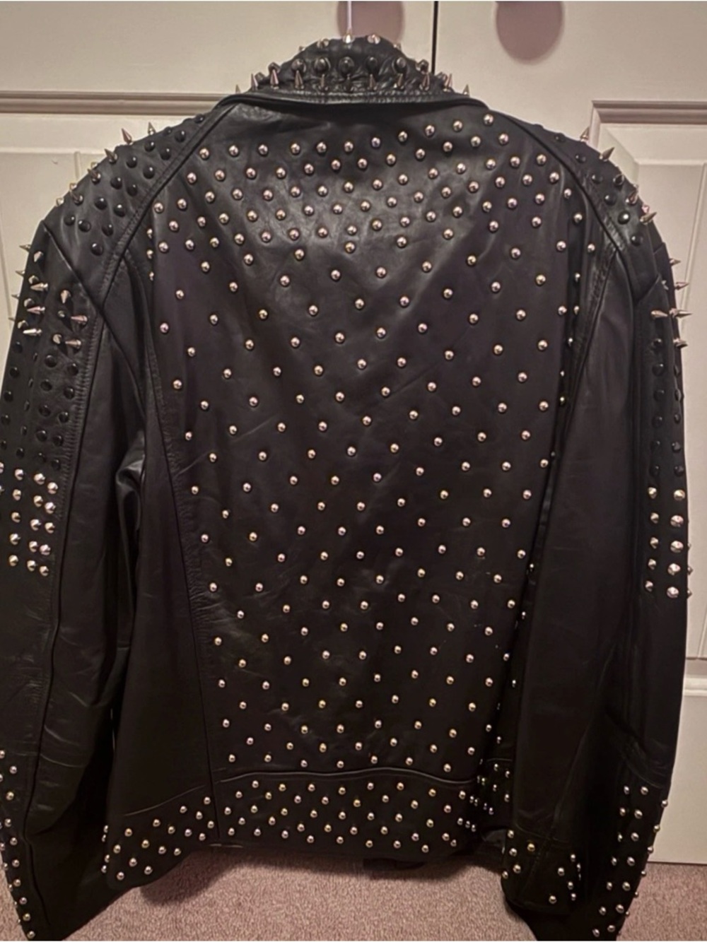 Leather Studded Biker Jacket - Black - Picture 2 of 5